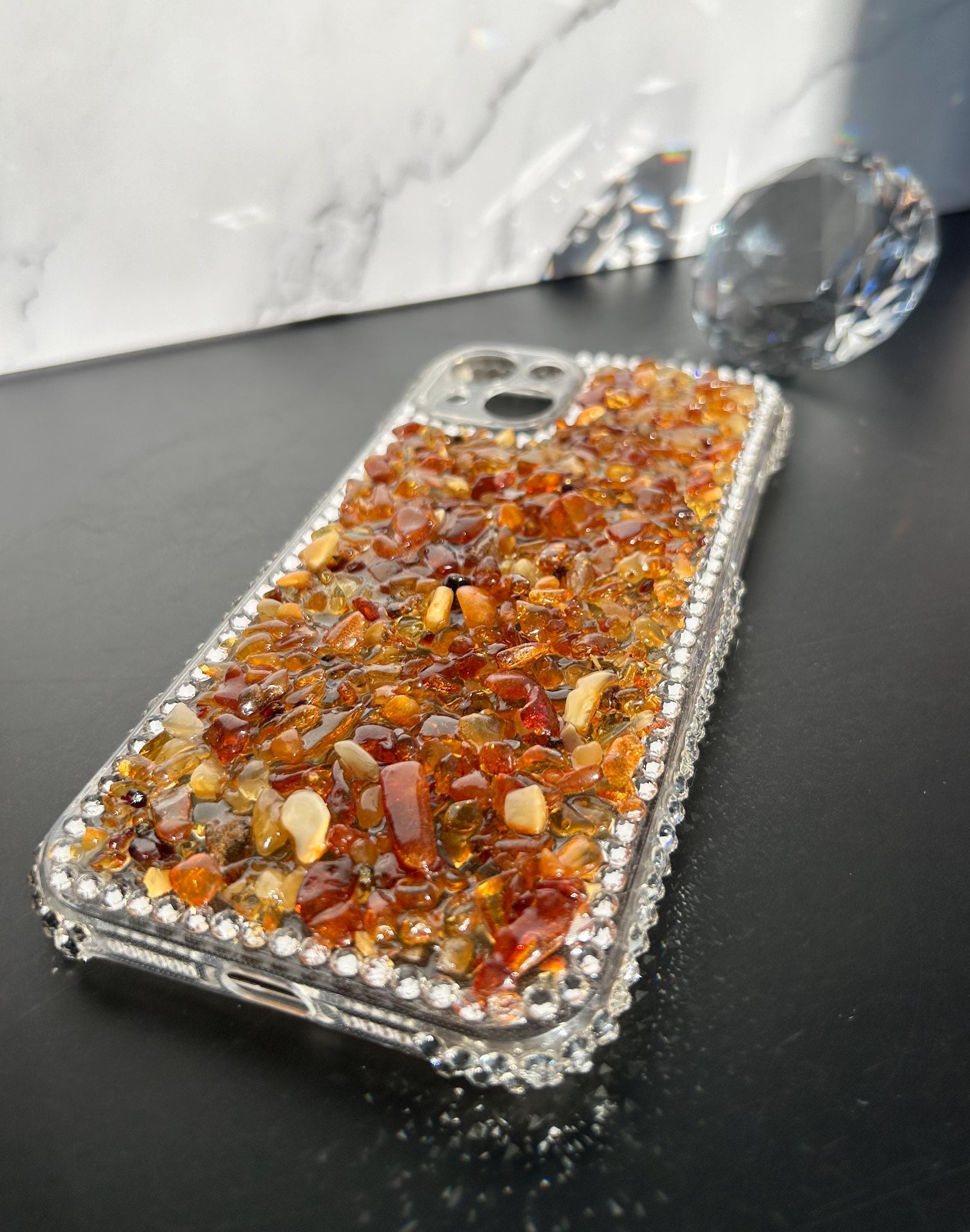 Clear iPhone case with natural Baltic amber gemstones European crystals — photograph 1 of 10